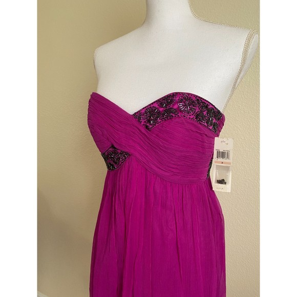 Maggy London 100% Silk dress NEW TAG fuchsia beaded pink crepe rushed fit flare - Picture 4 of 12